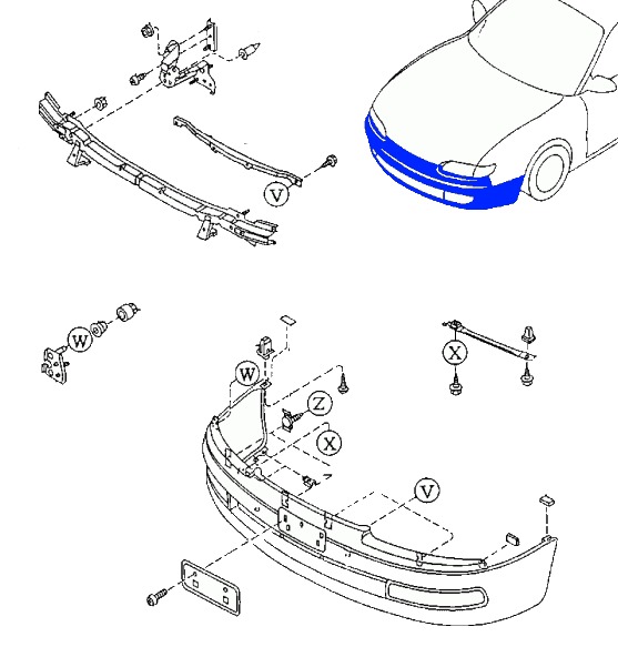 the scheme of fastening of the front bumper MAZDA 626 (1992-1997)