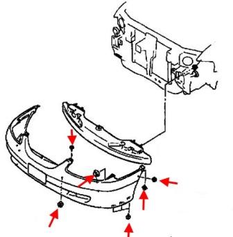 the scheme of fastening of the front bumper MAZDA 626 (1997-2002)