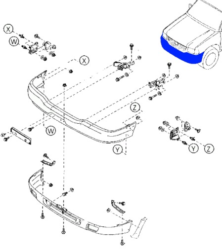 the scheme of fastening of the front bumper of the Mazda B-series (1998-2006)