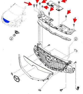 Diagrama de montaje de la rejilla del radiador Mazda CX-5 I KE (2012-2017)