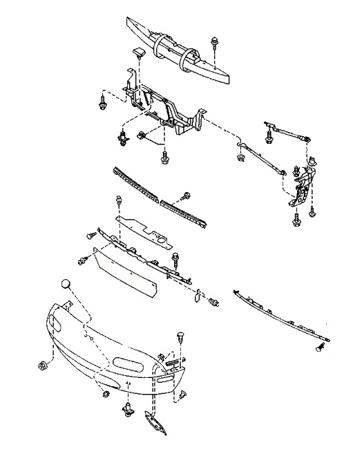 the scheme of fastening of the front bumper of the MAZDA MX-5 (1989-1997)