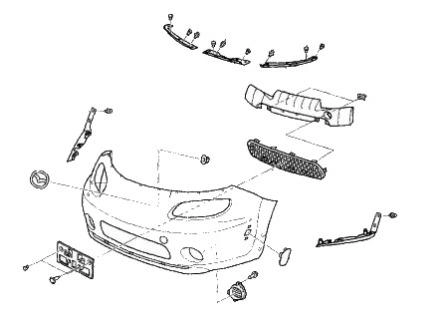 the scheme of fastening of the front bumper of the MAZDA MX-5 (1997-2005)