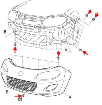 the scheme of fastening the rear bumper of the MAZDA MX-5 NC (2005-2015)