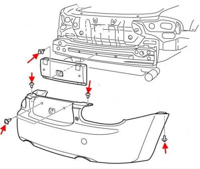 the scheme of fastening the rear bumper of the MAZDA MX-5 NC (2005-2015)