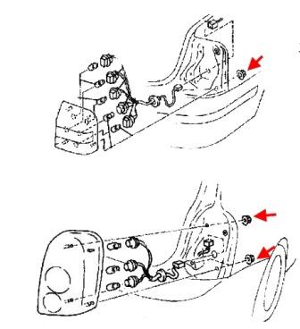scheme of fastening of tail light Mazda Protege BJ (1998-2003), Mazda Astina, Mazda Familia