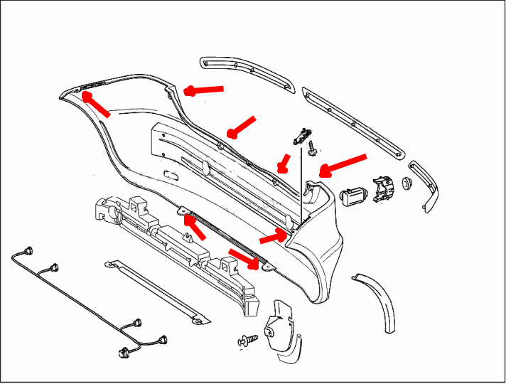 Diagrama de montaje del parachoques trasero del Mercedes W168