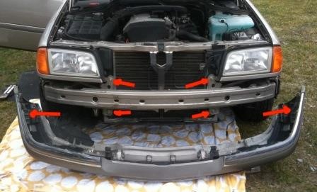 the attachment of the front bumper Mercedes W202
