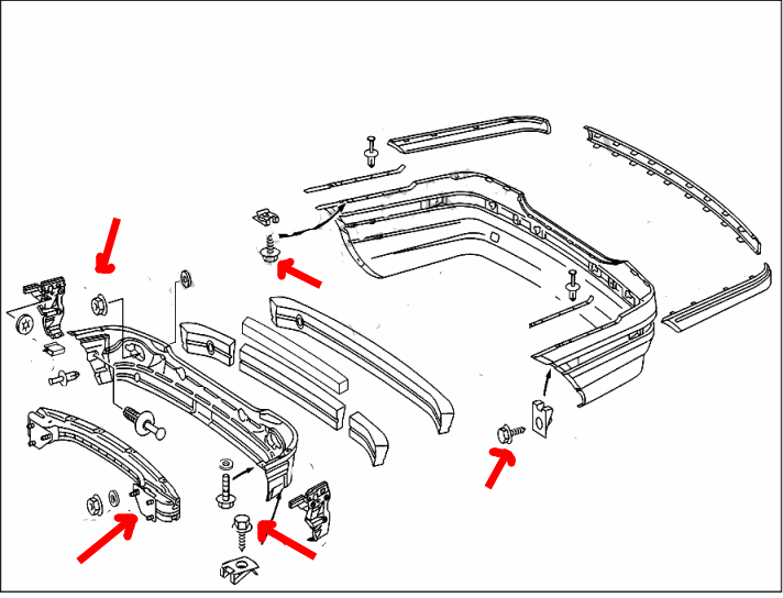 Diagrama de montaje del parachoques trasero del Mercedes W203