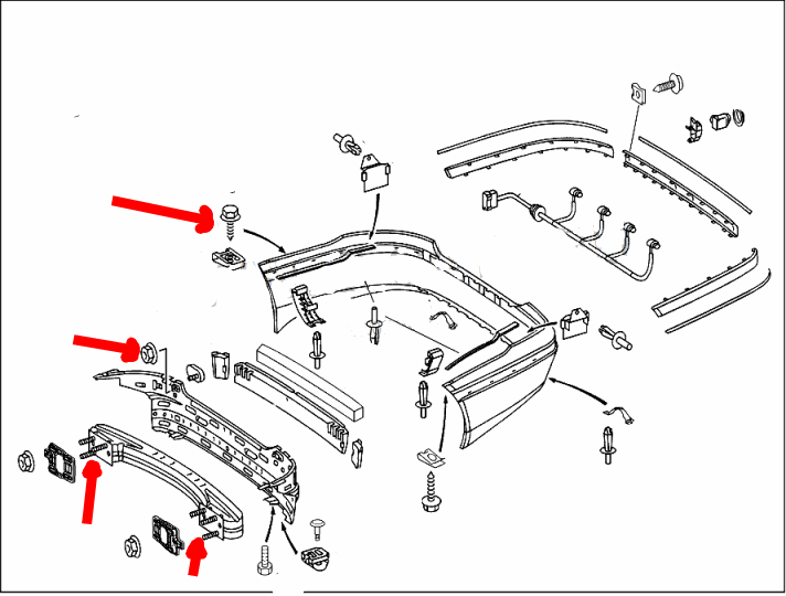 Diagrama de montaje del parachoques trasero del Mercedes W220