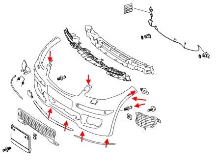 the scheme of fastening of the front bumper of the Mercedes A-Class W169