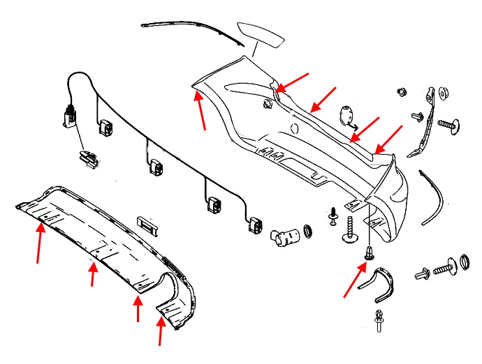 The scheme of fastening the rear bumper of the Mercedes A-Class W169