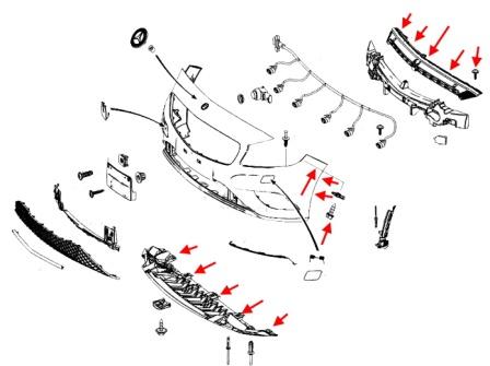 Diagrama de montaje del parachoques delantero del Mercedes Clase A W176