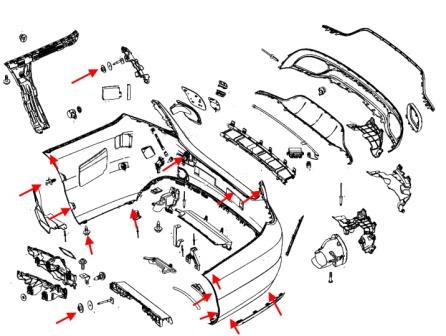 Esquema de montaje del parachoques trasero Mercedes Clase C W205