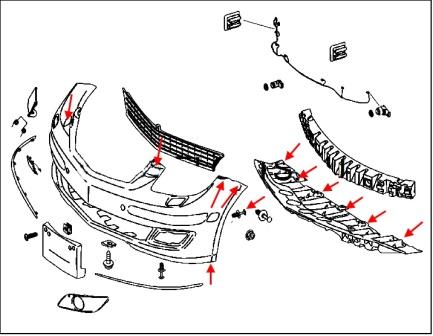 The scheme of fastening of the front bumper of the Mercedes B-Class W245