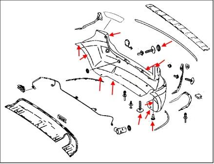 The scheme of fastening the rear bumper of the Mercedes B-Class W245