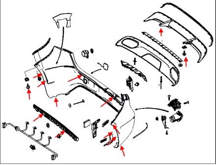 The scheme of fastening the rear bumper of the Mercedes B-Class W246