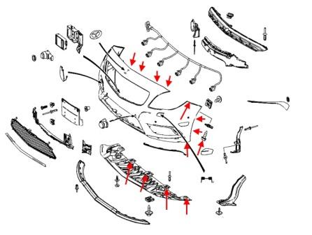 Diagrama de montaje del parachoques delantero Mercedes Clase CLA C117