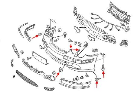 The scheme of fastening of the front bumper of the Mercedes CL-Class C215