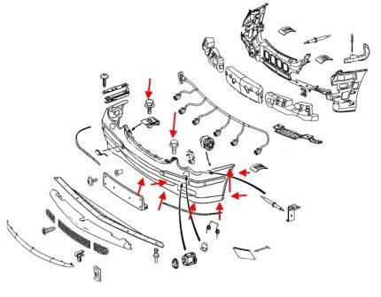 The scheme of fastening of the front bumper Mercedes CLK-Class C209