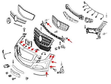 The scheme of fastening of the front bumper Mercedes CLS-Class C218