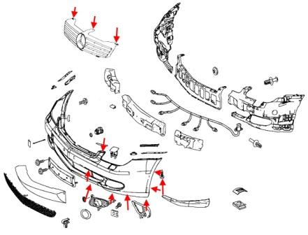 The scheme of fastening of the front bumper Mercedes CLS-Class C219