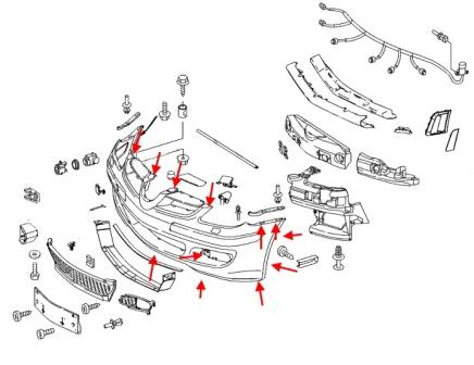 Schéma de montage du pare-chocs avant Mercedes Classe SLK R171