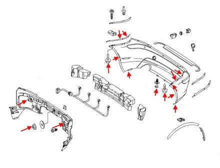 Schéma de montage du pare-chocs arrière Mercedes Classe SLK R171