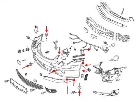 The scheme of fastening of the front bumper Mercedes SL-Class R230
