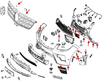 Diagrama de montaje del parachoques delantero del Mercedes Clase M W166