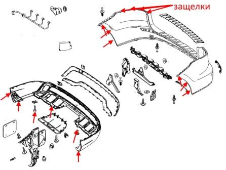 Esquema de montaje del parachoques trasero Mercedes Clase M W166