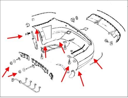 Diagrama de montaje del parachoques trasero del Mercedes W204