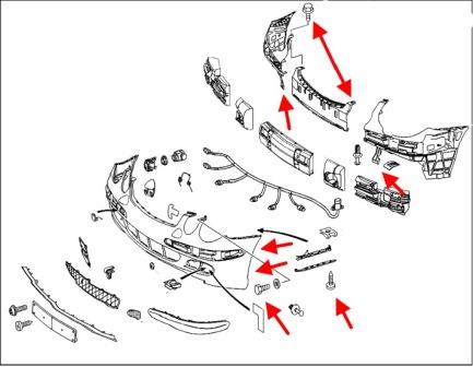 the scheme of fastening of the front bumper Mercedes W204