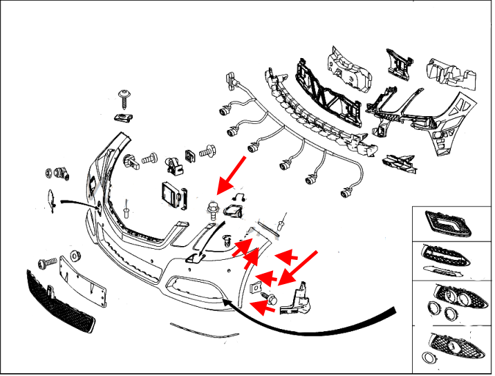 Diagrama de montaje del parachoques delantero del Mercedes W212