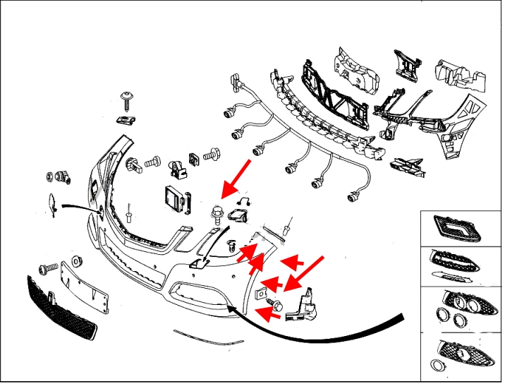 Montageplan für die vordere Stoßstange des Mercedes W212