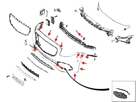 Diagrama de montaje del parachoques delantero del Mercedes Clase E W213