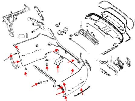Esquema de montaje del parachoques trasero Mercedes Clase E W213