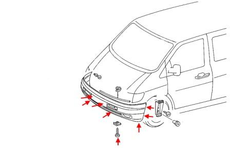 The scheme of fastening of the front bumper of the Mercedes V-Class Vito W638