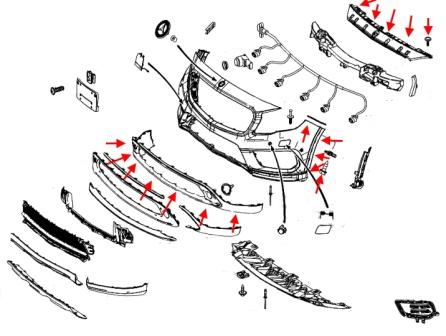 The scheme of fastening of the front bumper of the Mercedes GLA-Class X156