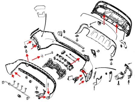 The scheme of fastening the rear bumper of the Mercedes GLA-Class X156