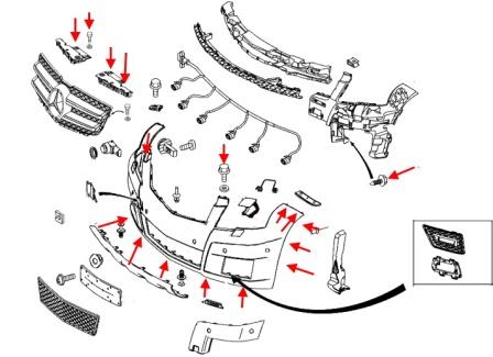 The scheme of fastening of the front bumper of the Mercedes GLK-Class X204
