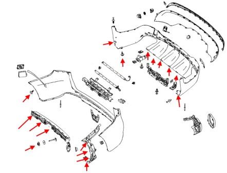 The scheme of fastening the rear bumper of the Mercedes GLC-Class X253
