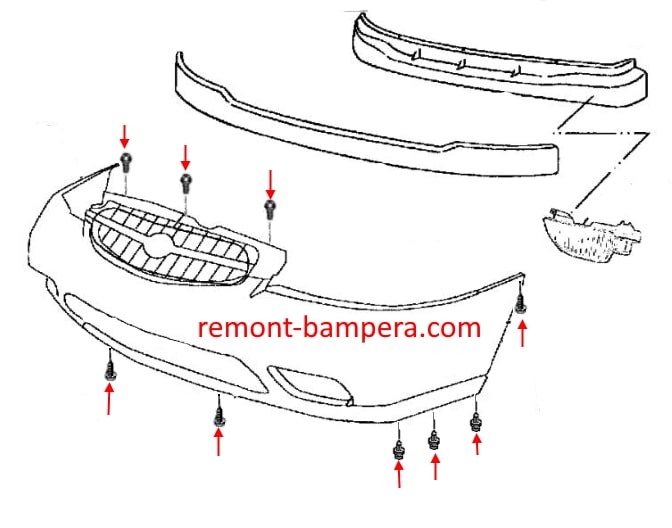 Front bumper mounting scheme for Nissan Altima II (L30) (1997-2001)