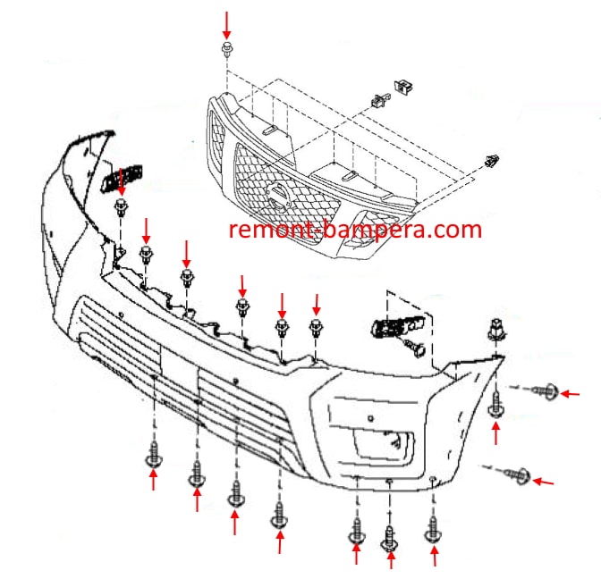 Befestigungsschema für die vordere Stoßstange Nissan Armada II (2016-2023)