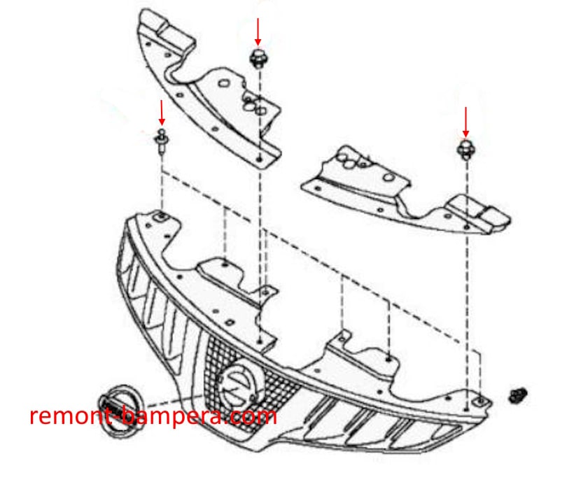 Схема крепления решетки радиатора Nissan Murano II Z51 (2007-2014)