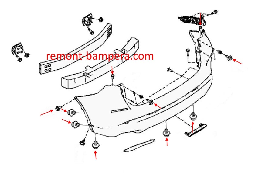 Befestigungsschema für die hintere Stoßstange Nissan Murano III Z52 (2014-2023)