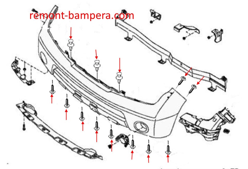 Front bumper mounting scheme Nissan Navara III D40 (2004-2015)