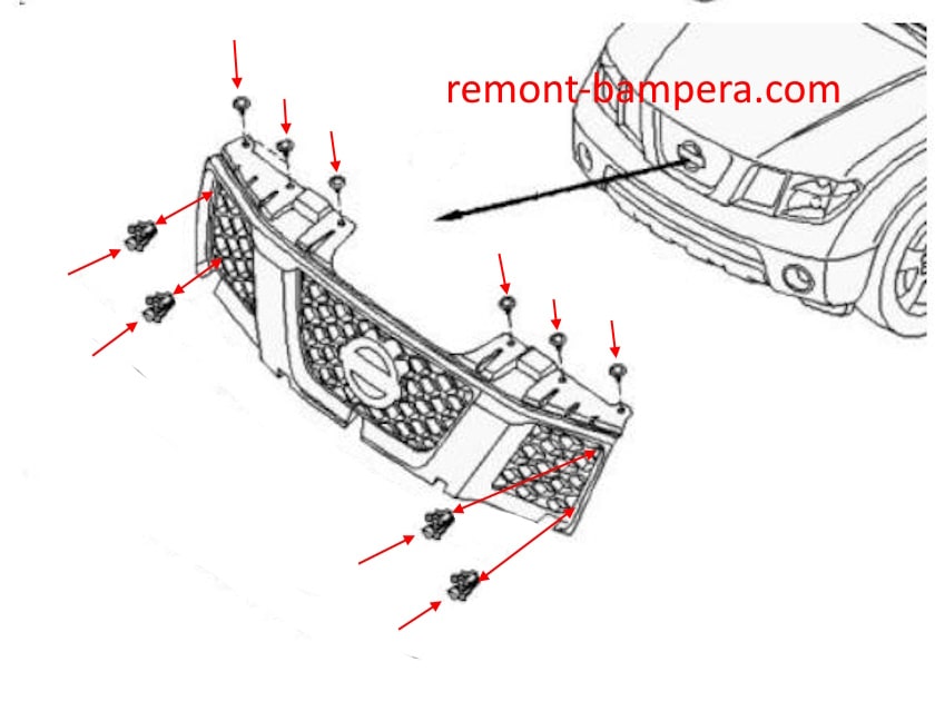 Esquema de montaje de la parrilla del radiador Nissan Navara III D40 (2004-2015)