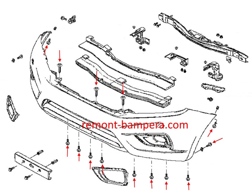 Esquema de montaje del parachoques delantero Nissan Navara NP300 IV D23 (Frontier) (2015-2023)