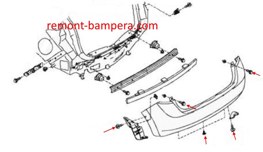 Mounting scheme rear bumper Nissan Note E12 (2013-2020)