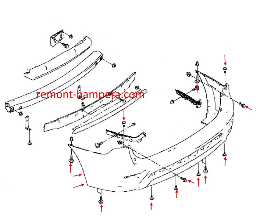 Schéma de montage du pare-chocs arrière pour Nissan Pathfinder IV R52 (2012-2020)